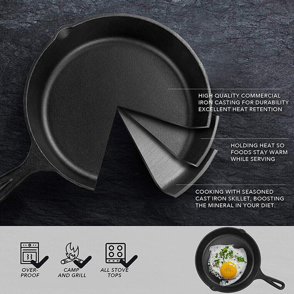 Set Of 3 Cast Iron Non Stick Skillet Griddle Cooking Pan Pre-Seasoned Frying Pan
