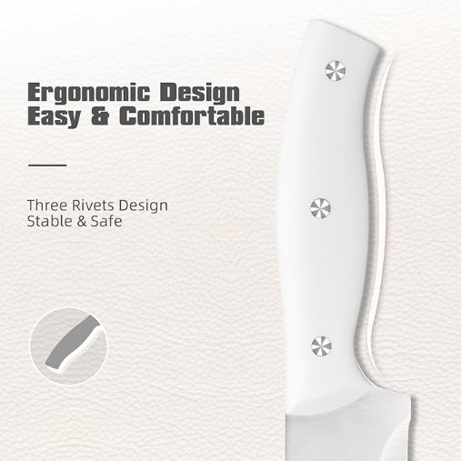 15-Piece White Kitchen Knife Set With Built-in Sharpening Stone, Ergonomic Triple Rivet Fixed Handles, Dishwasher Safe